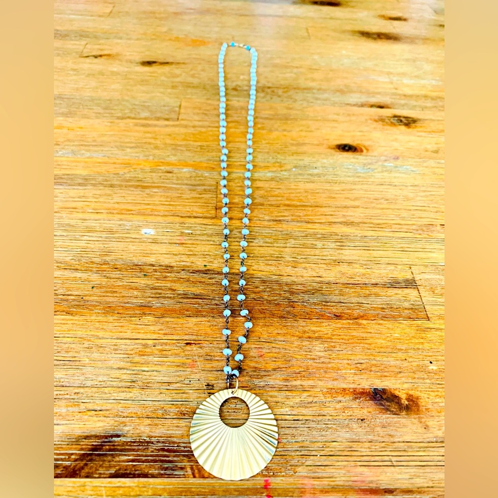 Sunburst gold tone pendant beaded necklace boho